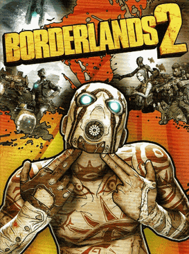 cover art of the game Borderlands 2, has a guy in a mask pointing two finger guns at himself