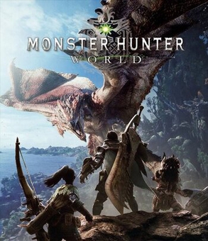 cover art of the game Monster Hunter World, has 3 people in front of a dragon