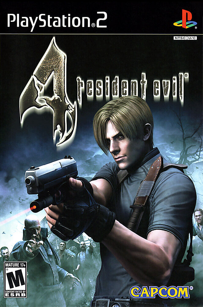 cover art of the game Resident Evil 4, has a gun with a gun running from zombies