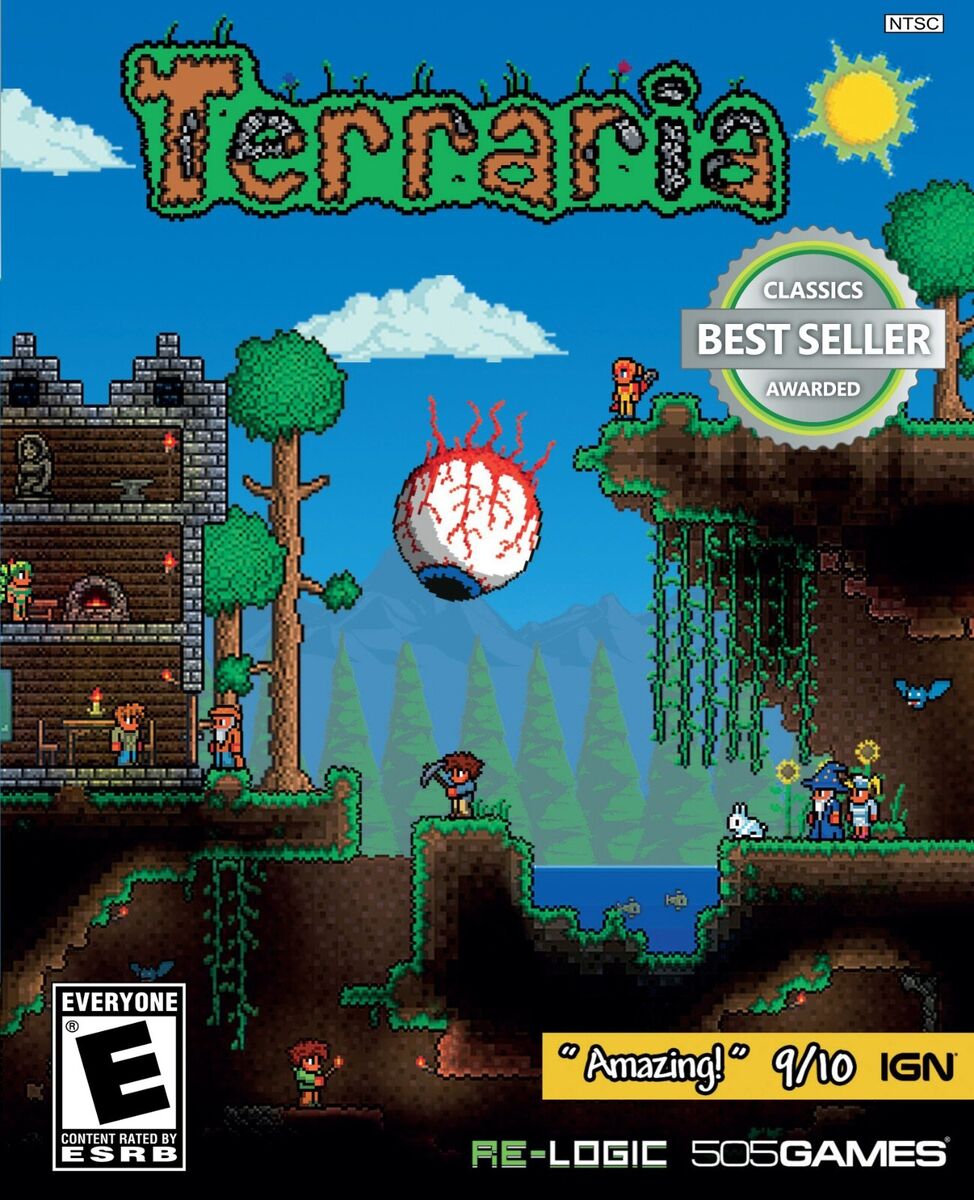 cover art of the game Terraria, has pixelated house and a giant eye watching it
